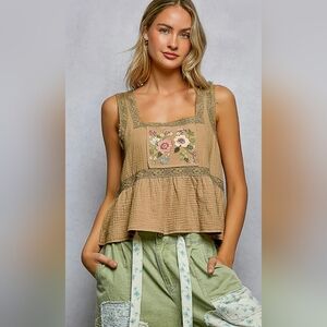 #1140 POL Toffee Bloom Embroidered Boho Top